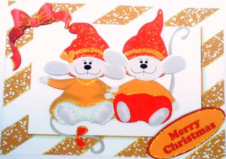 Cute Pair of Mice in Red Santa Hats in Striped Gold Frame by Belinda Ellingham