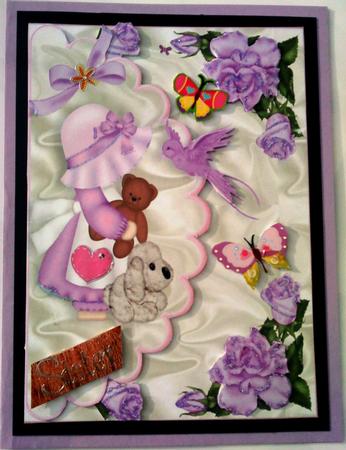 Little Bonnet Girl with Bird, & Her Cuddly Toys A4 by Belinda Ellingham