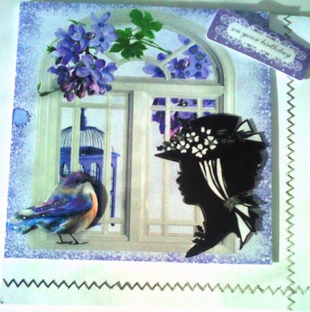 Silhouette Lady with Window and Purple Bird 8x8 by Belinda Ellingham