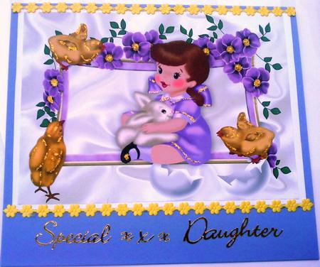 Little Girl with Bunny and Easter Chicks in Floral Frame A4 by Belinda Ellingham