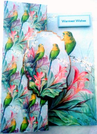 Green Budgerigars Fold Back Card by Belinda Ellingham