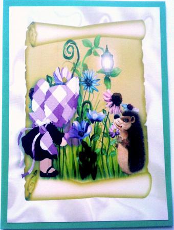Cute Little Bonnet Girl with Hedgehog and Flowers A4 by Belinda Ellingham