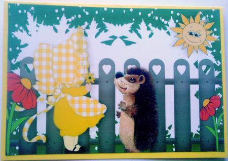 Sunny Bonnet Girl in Yellow with Cute Hedgehog A4 by Belinda Ellingham