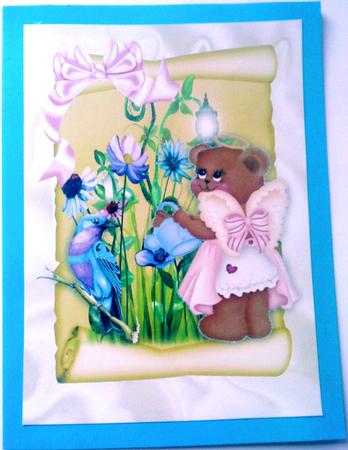 Fairy Teddy with Little Bird on a Scroll of Flowers A4 by Belinda Ellingham
