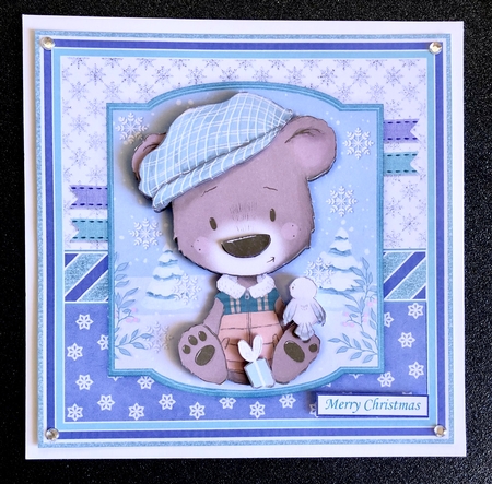 BEAR IN FLAT CAP 7.5 Christmas Decoupage & Insert Card Kit by Belinda Rub