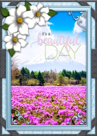 Mount Fuji & Pink Flowers - A4 size Oil Painting Style Background by Belinda Rub