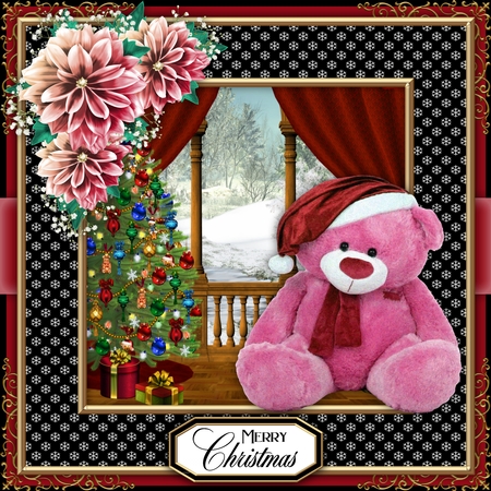 Pink Christmas Teddy Decoupage  by Belinda Rub