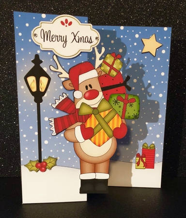 3D Shaped No-Hole Fold Back Christmas Card Mini Kit  - Rudolph has lots of Presents by Belinda Rub