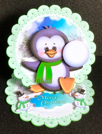 Cute Little Snowball Penguin Scalloped Round Easel Card by Belinda Rub