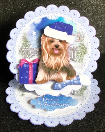 Christmas YorkshireTerrier in the Snow Scalloped Round Easel Card by Belinda Rub