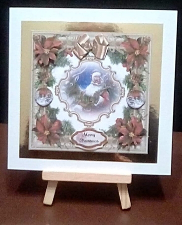 Red Poinsettia & Santa Christmas Card Front With Decoupage by Benita Jenkinson