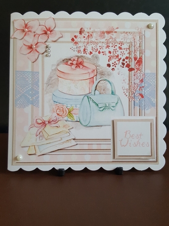 6 x 6 Hat Boxes/Handbag Card Front with Toppers and Sentiment Toppers. Bon Voyage/Good Luck by Benita Jenkinson