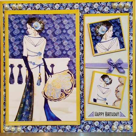 Glamorous female Art deco birthday with blue floral background topper for 6x6 card by Benita Jenkinson
