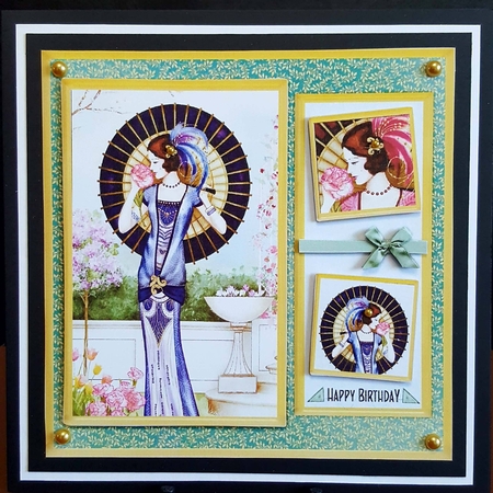 Glamorous female holding parasol Art deco birthday with floral background topper for 6x6 card by Benita Jenkinson