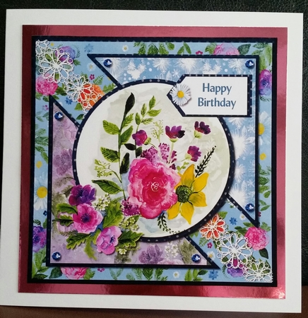 6 x 6 Blue/Pink Bright Floral Card Front with Toppers and Tags by Benita Jenkinson