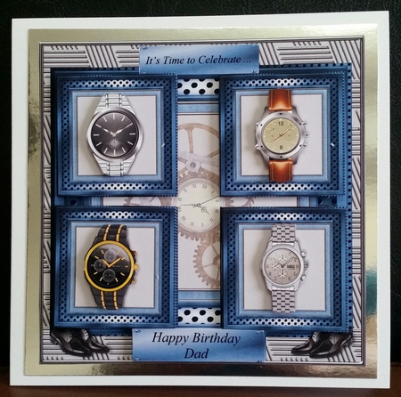 Time to Celebrate Male birthday card with a wrist watch theme, topper for 6x6 card by Benita Jenkinson