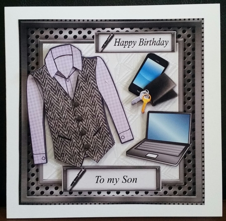  Male birthday card with purple checked shirt and Grey herringbone Harris tweed waistcoat, topper for 6x6 card by Benita Jenkinson