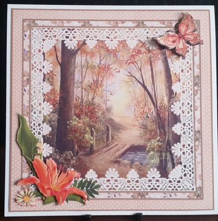 Woods in Autumn 8 x 8  Card topper with floral decoupage by Benita Jenkinson