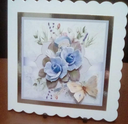 Blue rose and butterfly 7x7 card by Benita Jenkinson