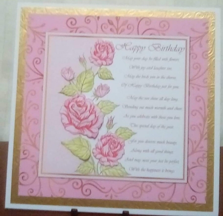 Pink and Gold 7.5 Inch Roses Birthday Card Front, Insert and Gift Tag by Benita Jenkinson