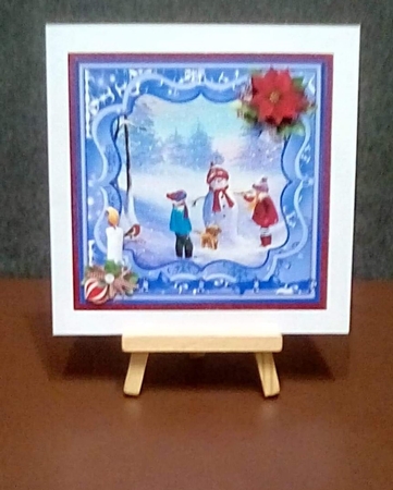 Snowman and Puppy. Square card topper with decoupage by Benita Jenkinson