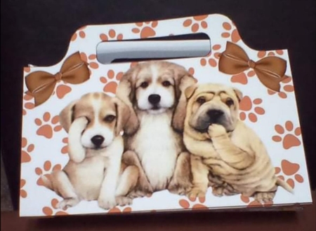 Three cute puppies with brown bows tote gift bag by Benita Jenkinson
