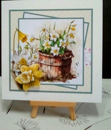 Wood pot of daffodils 7x7 by Benita Jenkinson