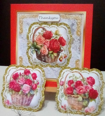 Pretty Gold & White Satin Roses In A Basket With Bows 8x8 Mini Kit by Benita Jenkinson