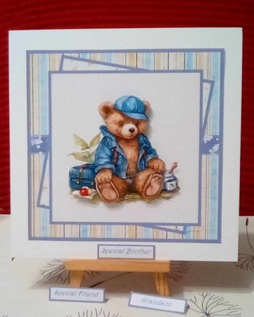 teddy bear picnic 7x7 card with decoupage, sentiment tiles, insert and two gift tags by Benita Jenkinson