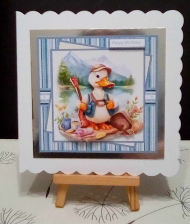 A quacking birthday 7x7 card with decoupage, insert and sentiment tiles, gift tags by Benita Jenkinson