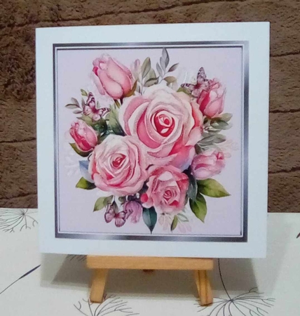 5 Pretty Pink Roses With Butterflies In Silver Frames 8x8 Cards Mini Kit by Benita Jenkinson