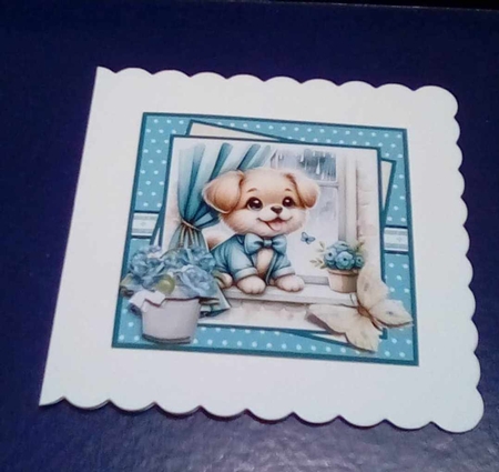 Puppy waiting for the rain to stop, 7x7 card and decoupage, insert and toppers by Benita Jenkinson