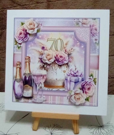 Floral 70th Birthday Cake Card Front With Decoupage  by Benita Jenkinson