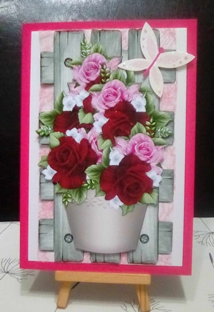 Flowerpot With Roses On Wooden Trellis Mini Kit by Benita Jenkinson