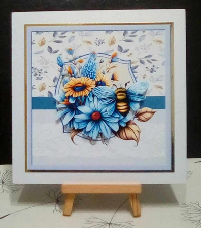 Blue flowers and busy bee 7x7 ,decoupage and sentiment tiles. Insert and toppers by Benita Jenkinson