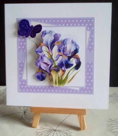 Purple iris 7x7, sentiment tiles, decoupage, insert and toppers by Benita Jenkinson