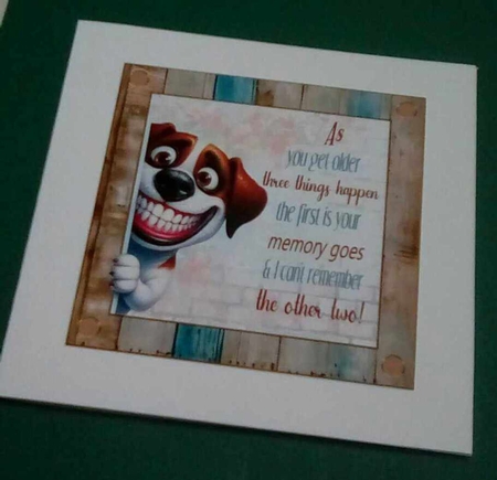 Fun dog 7x7ins decoupage topper by Benita Jenkinson