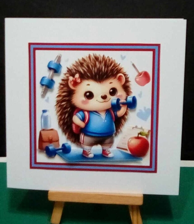 Sporty hedgehog 7x7 card , sentiment tiles and decoupage sheet by Benita Jenkinson