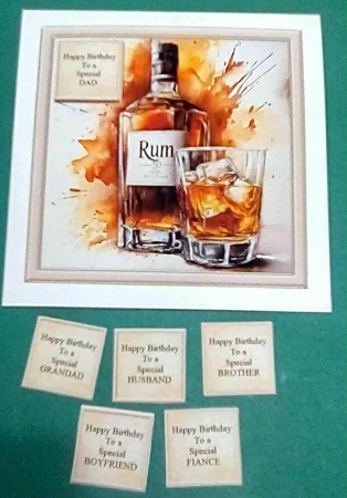 300dpi 6x6ins topper & decoupage- Rum Bottle and glass- Birthday-Dad/Brother/Grandad/Uncle/Cousin/Son/Fiance/Husband/Boyfriend by Benita Jenkinson