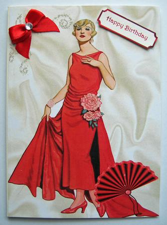 Elegant Lady in Red Dress with Fan, A4 Topper by Berit Zakrisson