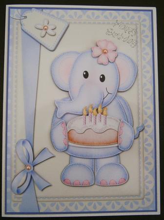 A5 Lola Elephants Birthday Cake Quick Card N 3D Decoupage by Bernie Mclaughlin