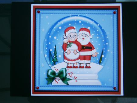 8 x 8 Xmas Santa N Mrs Claus Snowglobe Scalloped Corner by Bernie Mclaughlin