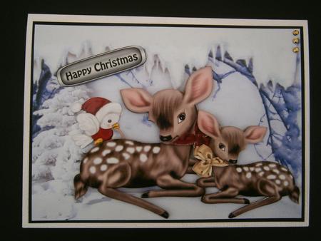 Mother and Baby Bambi in the Snow with Little Robins by Bernie Mclaughlin