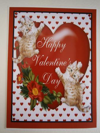 Kitties on a Valentine Heart with Flowers A4 by Bernie Mclaughlin