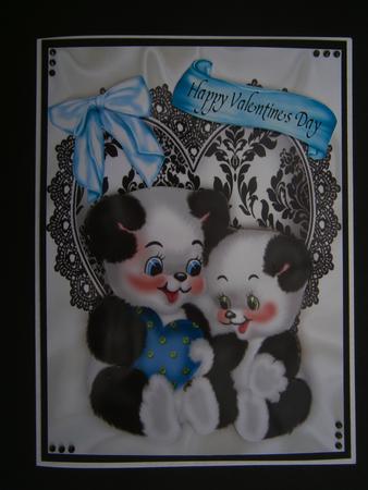 Cute Love Pandas on Lace Heart by Bernie Mclaughlin