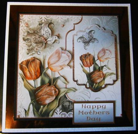 Spring Tulips Card Front with Topper and Decoupage by Bernie Mclaughlin