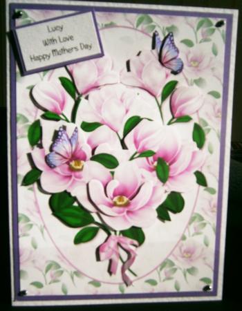 Pink Magnolia Card Front and Decoupage by Bernie Mclaughlin