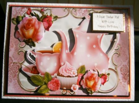 Pink Roses with Teapot & Cup in Scroll Frame by Bernie Mclaughlin