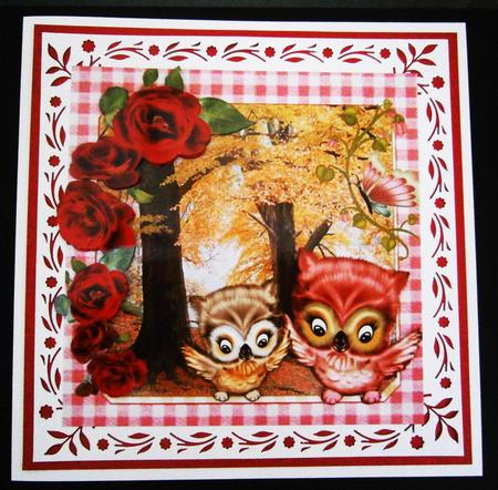 Playful Owls in the Woodlands with Red Roses 8x8 by Bernie Mclaughlin