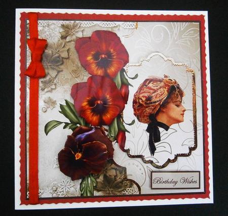 Vintage Beauty Card Front with Topper and Pansy Decoupage by Bernie Mclaughlin